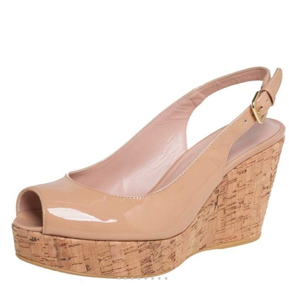 Stuart Weitzman Beige Patent Leather Jean Peep Toe Cork Wedge Slingback Sandals - Picture 1 of 14